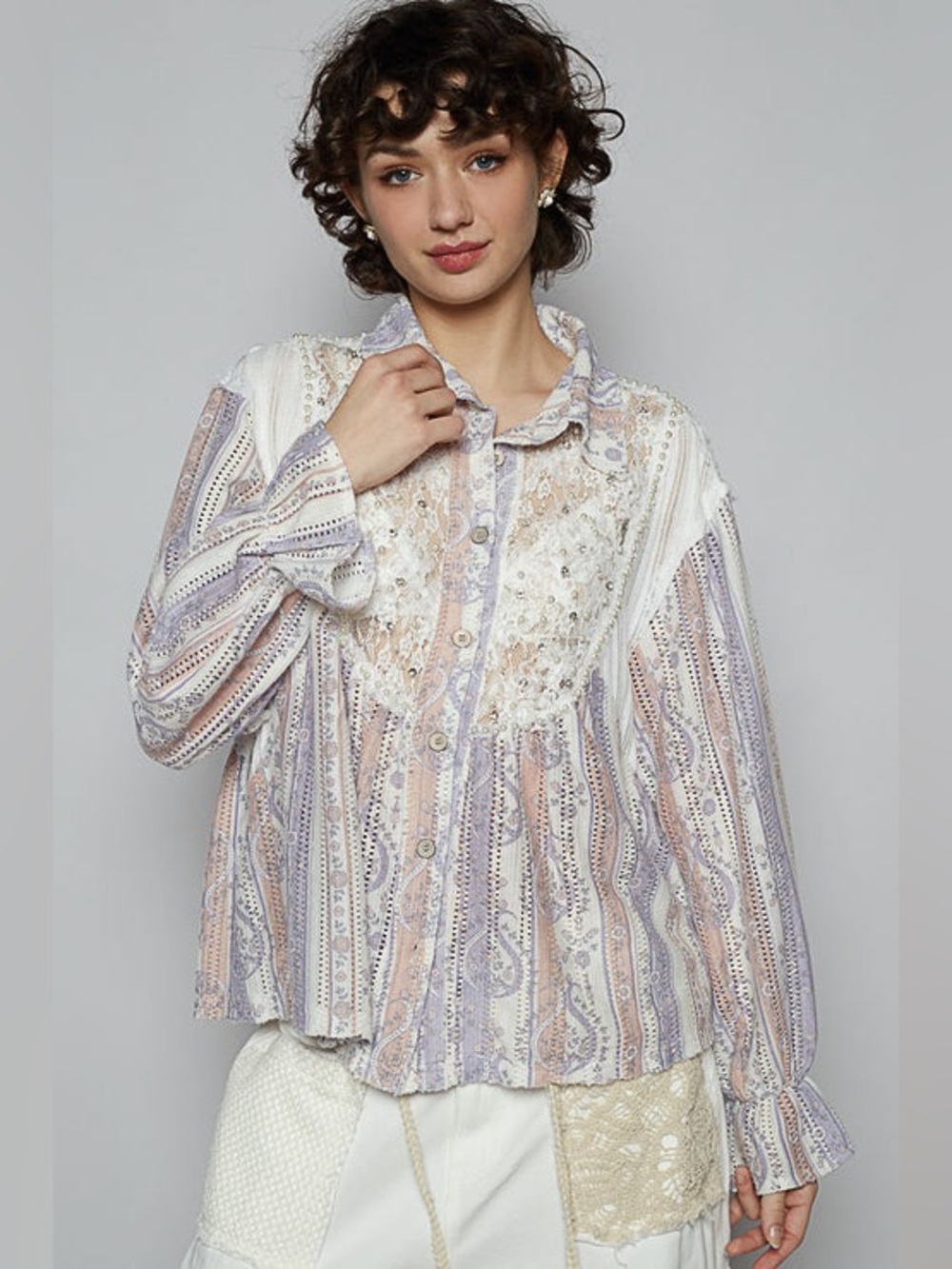POL Floral Eyelet  Rhinestone Shacket